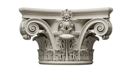 An elegant off-white classical column capital featuring intricate sculptural details, including ornate acanthus leaves, swirling volutes, and a central floral rosette element