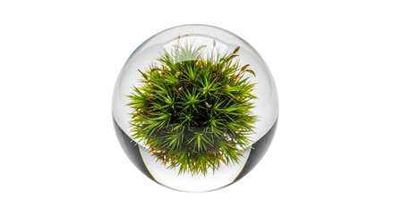A small clump of vibrant green moss is perfectly preserved inside a clear, transparent glass sphere, showcasing a miniature ecosystem with delicate spiky leaves and tiny stems