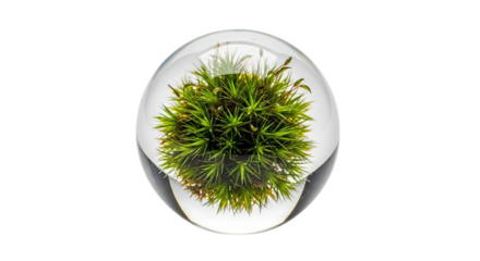 A small clump of vibrant green moss is perfectly preserved inside a clear, transparent glass sphere, showcasing a miniature ecosystem with delicate spiky leaves and tiny stems