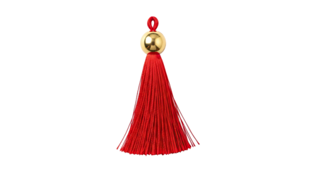 A single vibrant red tassel ornament with a lustrous gold bead and a braided loop, showcasing the fine texture of the silky threads in an elegant, classic design