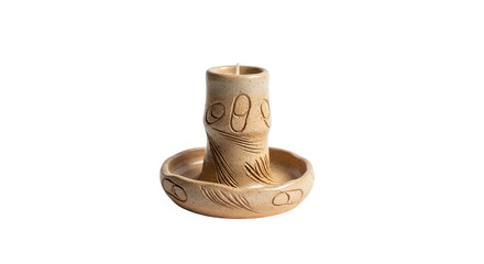 A rustic handmade ceramic candlestick with a speckled beige glaze features intricate incised abstract patterns and holds a single unlit wax candle for a calm, artistic mood