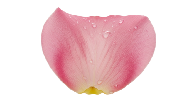 A delicate single pink rose petal with fresh, clear water droplets on its textured surface, showing intricate veins and a soft gradient of color from pink to yellow at the base
