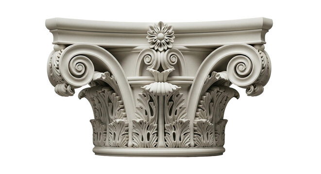 An elegant off-white classical column capital featuring intricate sculptural details, including ornate acanthus leaves, swirling volutes, and a central floral rosette element