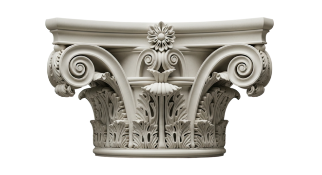 An elegant off-white classical column capital featuring intricate sculptural details, including ornate acanthus leaves, swirling volutes, and a central floral rosette element