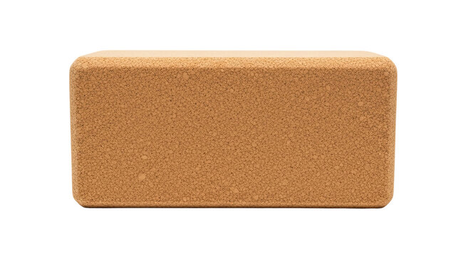 A rectangular eco-friendly cork yoga block with a natural granular texture and rounded edges, a sustainable prop for balance, stretching, and fitness exercises