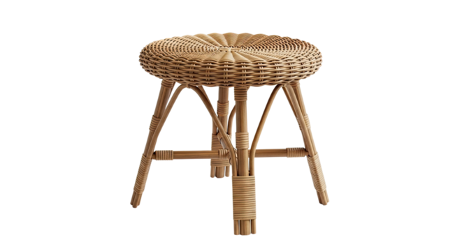 Elegant handmade wicker stool with a circular woven seat and sturdy legs, featuring detailed craftsmanship and a timeless, organic design for rustic or bohemian interiors