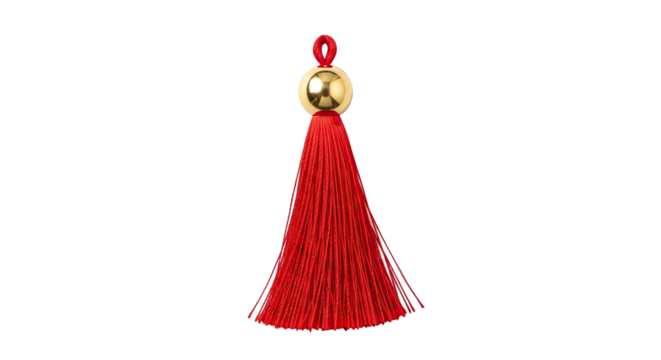 A single vibrant red tassel ornament with a lustrous gold bead and a braided loop, showcasing the fine texture of the silky threads in an elegant, classic design