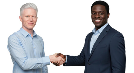 Two diverse and successful businessmen, an African man in a suit and a Caucasian man with albinism, smile while shaking hands in a friendly business agreement