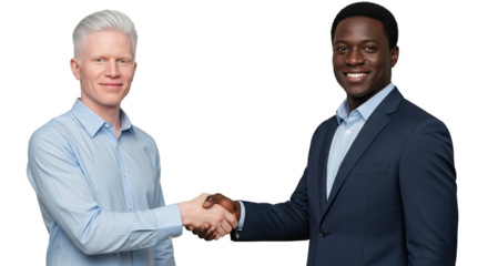 Two diverse and successful businessmen, an African man in a suit and a Caucasian man with albinism, smile while shaking hands in a friendly business agreement