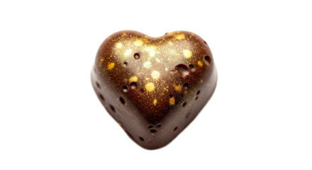 A luxurious heart-shaped dark chocolate bonbon decorated with shiny gold splatters, a gourmet confection perfect for a romantic celebration or special occasion