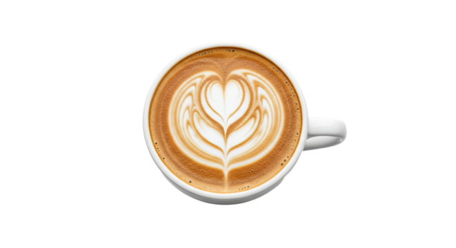 A single white ceramic cup of freshly brewed cappuccino with delicate, heart-shaped latte art on the creamy foam, captured from a detailed top-down perspective