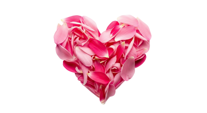 A beautiful heart shape made from a pile of delicate, soft pink and magenta flower petals, symbolizing love, romance, and affection for Valentine's Day or a special occasion