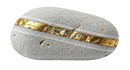 A single grey pebble with a rough, porous texture is adorned with a luxurious band of crinkled gold foil, creating a beautiful contrast between natural and precious materials
