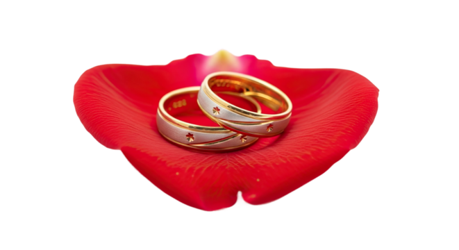 A pair of elegant two-tone wedding rings with a brushed finish and engraved floral details, resting together on a single vibrant red rose petal in a romantic close-up