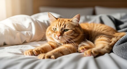Ginger cat rests on a sunlit bed with white and gray blankets.
