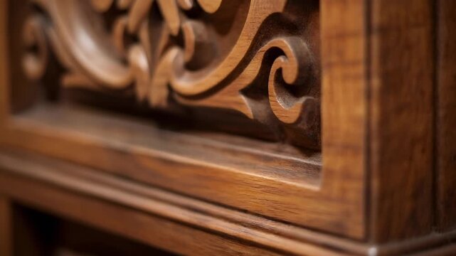 Close-up of intricate wooden carving featuring ornate swirling patterns and rich texture.