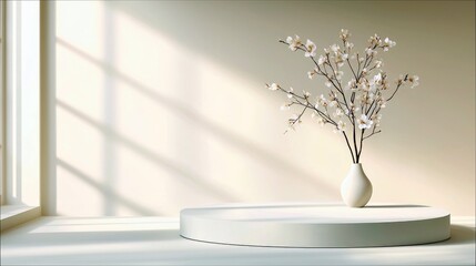 A minimalist interior scene featuring a white vase with delicate white flowers on a round podium, illuminated by soft window light creating geometric shadows on