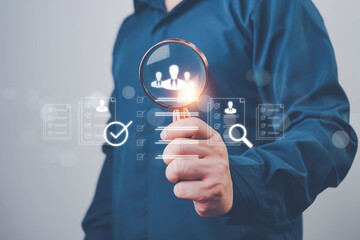 Online HR assessment and employment checklist representing recruitment, employee evaluation, talent acquisition, and digital workforce planning using modern human resource management tools.