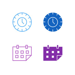 Flat Colored Clock and Calendar Icon Set in Outline and Solid Style for Time Management and Scheduling