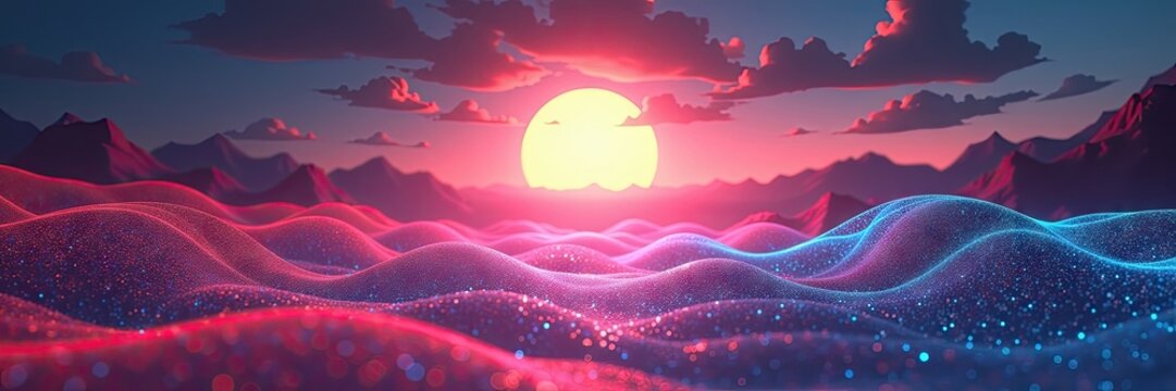 Panoramic digital artwork depicts a vibrant sunset over a stylized landscape with rolling, undulating terrain; the sky features clouds and soft hues of pink and purple, with a large, glowing sun.