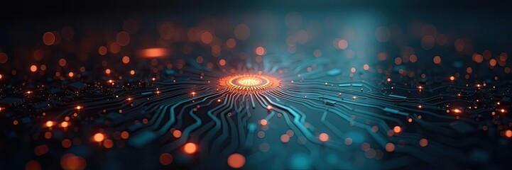 Abstract depiction showcases a central glowing core radiating lines across a dark, textured surface; orange bokeh dots scattered create a sense of depth, while teal and orange hues establish a...