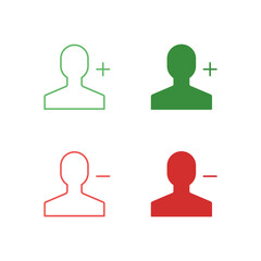Flat Colored User Add and User Remove Icon Set in Outline and Solid Style for Account and Group Management