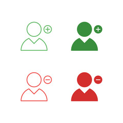 Flat Colored User Add and User Remove Icon Set in Outline and Solid Style for Account and Group Management