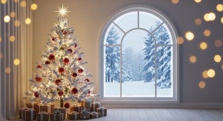 Cozy christmas room with decorated tree and snowy window view
