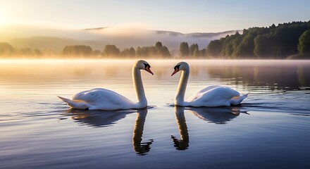 Two white swans glide gracefully on a misty lake at sunrise.