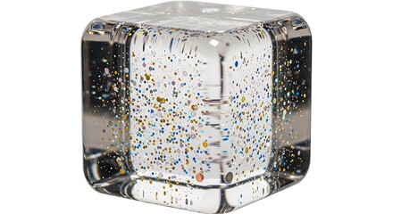 Clear cube with colorful floating particles displays a festive and playful aesthetic.