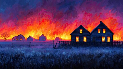 Residential houses consumed by intense wildfire concept. A vivid landscape showcasing a bright sunset with flames.