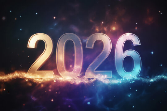 Celebrate the future with stunning 2026 numbers glowing amidst cosmic nebulae and sparkling stars