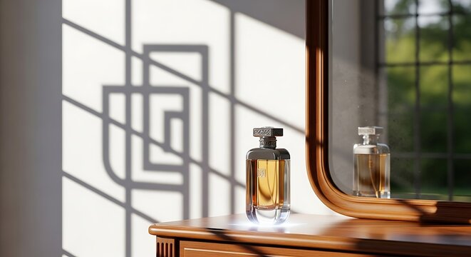 Elegant perfume bottle sits on a wooden surface with dappled light.