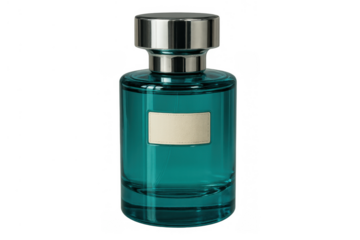 Teal glass perfume bottle with chrome cap, blank label for branding, elegant luxury fragrance packaging