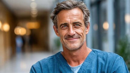 Obraz premium Middle-aged man in uniform standing proudly concept. Confident healthcare professional smiling in hospital corridor.