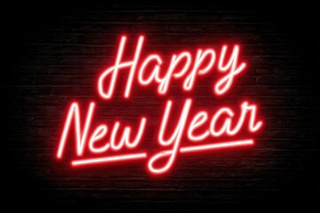 Red Neon Happy New Year Sign &ndash; Glowing Light Text on Dark Brick Background