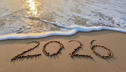 Message Year 2025 replaced by 2026 text written on beach sand background. Good bye 2025 - 2026 happy New Year coming concept. top view.
