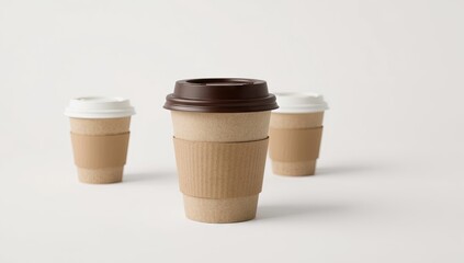 Three takeaway paper cups of varying sizes are arranged against a clean white backdrop, with two featuring white lids and one with a brown lid, all holding brown cardboard sleeves for safe gripping,