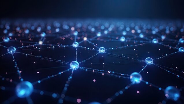Illustrative rendering depicting a network of interconnected spheres linked by lines, emanating a cool blue glow against a dark backdrop with a focus on the digital abstract structure; representing...