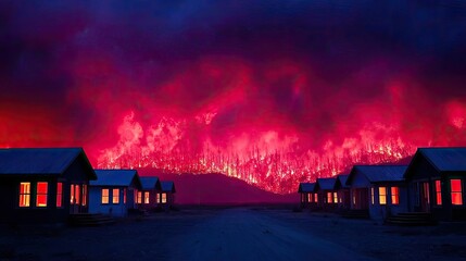 Residential houses consumed by intense wildfire concept. A dramatic wildfire threatening houses under a fiery sky.