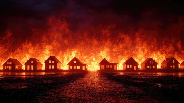 Residential houses consumed by intense wildfire concept. A row of houses engulfed in flames, highlighting fire hazards.