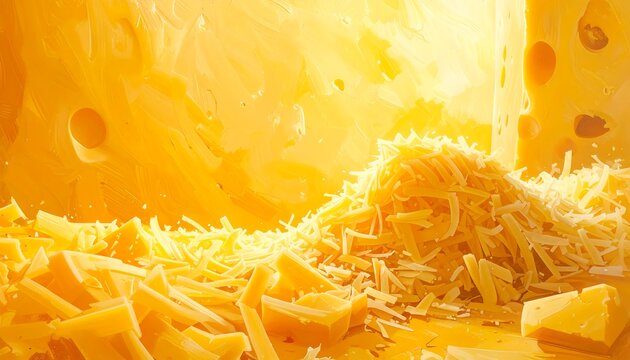 A pile of grated cheese sits before a large block of Swiss cheese. - Powered by Adobe