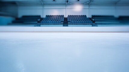 puck. Empty hockey rink with blurred stadium seating in background, clean ice surface. event key visuals, club posters, designed for fitness apps and gym onboarding, drives event promotion.
