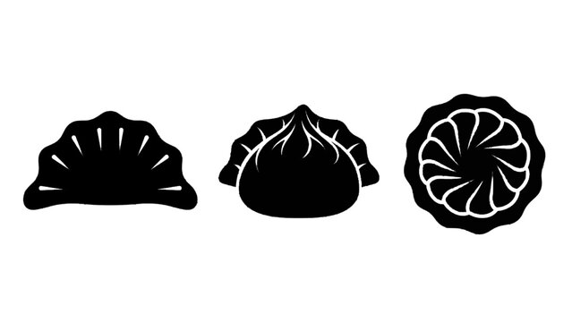 Vector illustration&nbsp;of set of three black and white dumpling icons representing different styles of asian food isolated on transparent background 