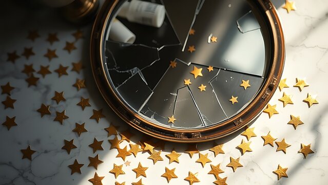 exemplification. Broken makeup mirror with scattered gold star stickers and lipstick marks on marble surface. lifestyle magazines.
