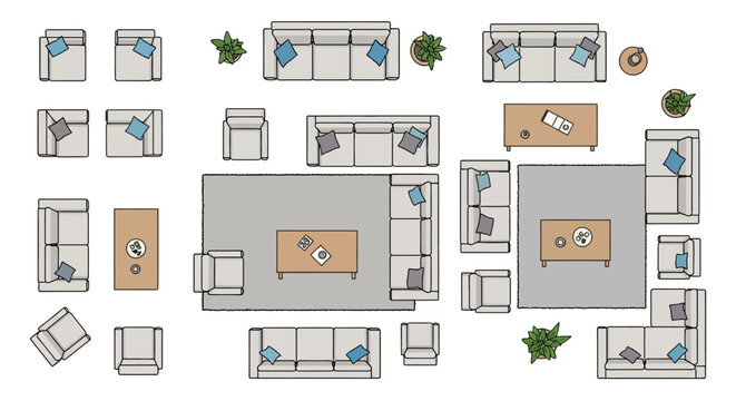 top view furniture layout illustrating living room arrangements including sofas armchairs and tables for modern interior design.