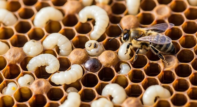 Adult bee tends to larvae within a honeycomb structure.