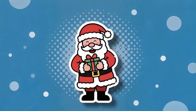 Animated Santa Claus delivering Christmas gifts on a festive blue background with floating snow particles
