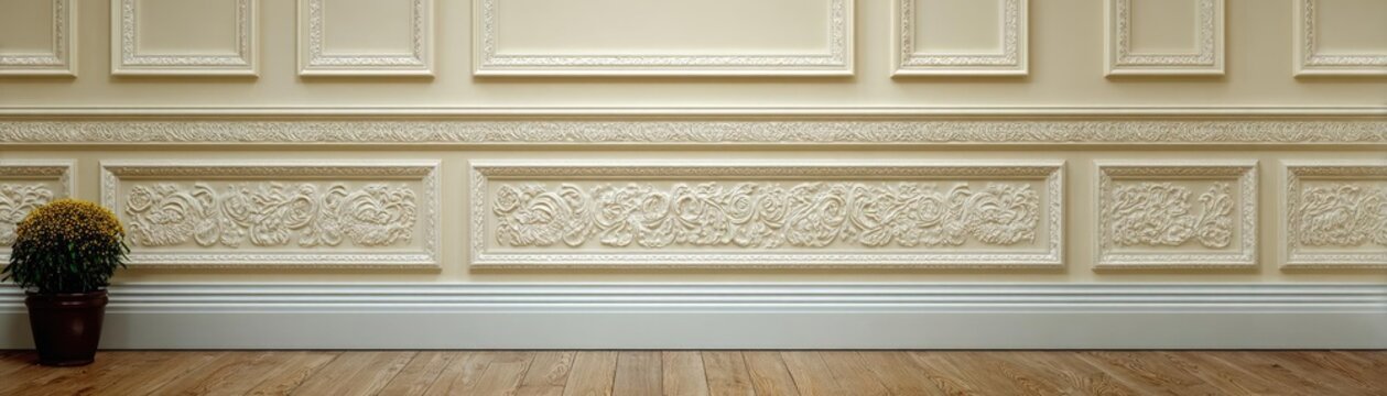 Modern beige wall with decorative baseboard concept. Elegant interior wall design with fine moldings and decor.