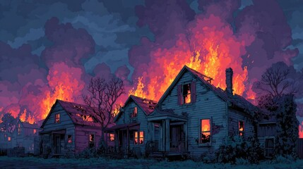 Residential houses consumed by intense wildfire concept. A dramatic scene of houses engulfed in flames at night.